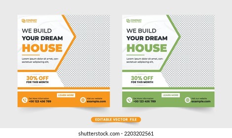 Modern home renovation and repairing business advertisement template vector. Home-making and construction service web banner with green and yellow colors. Real estate home selling business template.