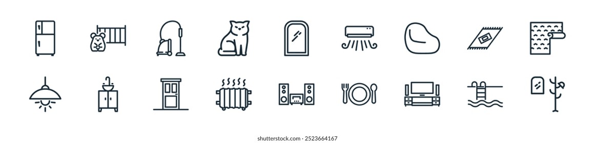 modern home room decoration icon pack. perfect for linear ui designs featuring vector hanger, swimming pool, home theater, restaurant, sound system, heater, door and more icons for mobile and web