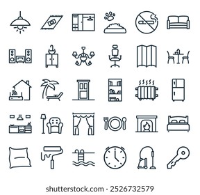 modern home room decoration icon pack. perfect for linear ui designs featuring vector key, vaccum cleaner, time and date, swimming pool, roller brush and more icons.