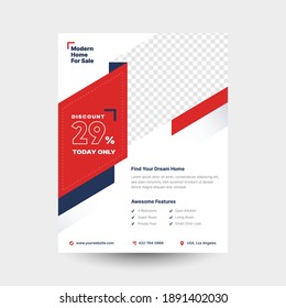 Modern Home For Sale Flyer Template, Modern, Elegant, solid gradient shapes with blue navy and Red Accent