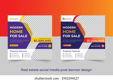 Modern home for sale - Real estate social media ads banner set. Square web banner for advertising. 