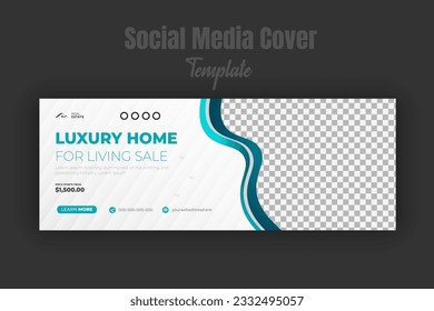 Modern home for sale, real estate companies post on social media to promote property sales. Timeline cover design template, abstract blue and green color shape, web banner and advertising marketing