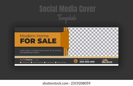 Modern home for sale social media post design template, banner, timeline cover, real estate company web banner with black color background and geometric green gradient shape