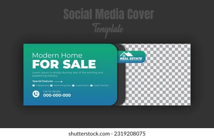 Modern home for sale social media post design template, banner, timeline cover, real estate company web banner with geometric green gradient color background and black shape