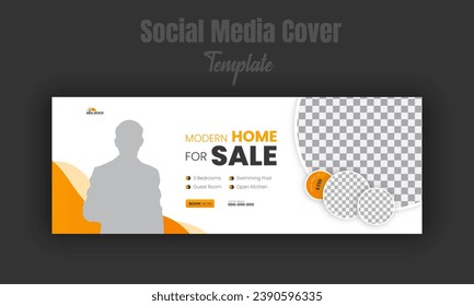 Moderno hogar para la venta plantilla de diseño de portada de medios sociales con forma naranja y fondo blanco, abstracto, mínimo, profesional banner web promocional para empresa inmobiliaria