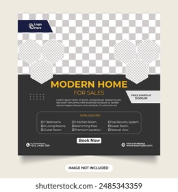 Modern home sales social media post design with dark gray color. Minimalist real estate business template for digital marketing. Modern home selling business template for social media post.