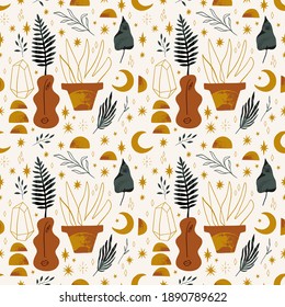 Modern home seamless pattern. Pottery art. Cute cartoon style. Plant lady concept.