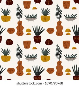 Modern home seamless pattern. Pottery art. Cute cartoon style. Plant lady concept.