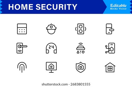 Moderno Home Security Line Icon Collection com estilo minimalista limpo, Ícones de contorno de vetor único destacando vigilância, alarmes, câmeras, controle de acesso
