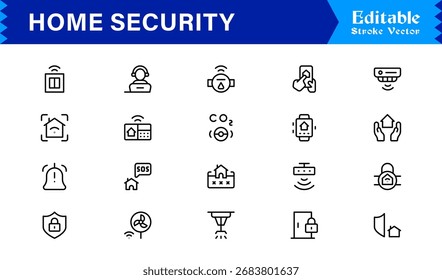 Moderne Home Security Line Icon-Kollektion mit minimalistischem Stil, einzigartigen Vektorkontursymbolen, die Überwachung hervorheben, Alarme, Kameras, Zugriffskontrolle
