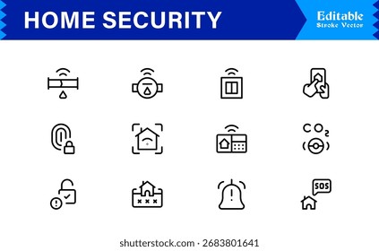 Colección moderna del icono de la línea de la seguridad en el hogar con estilo minimalista limpio, iconos únicos del contorno del Vector que destacan la vigilancia, alarmas, cámaras, control de acceso
