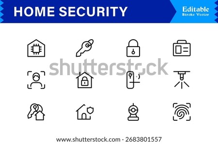 Modern Home Security Line Icon Collection with Clean Minimalist Style, Unique Vector Outline Icons Highlighting Surveillance, Alarms, Cameras, Access Control
