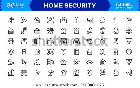 Modern Home Security Line Icon Collection with Clean Minimalist Style, Unique Vector Outline Icons Highlighting Surveillance, Alarms, Cameras, Access Control
