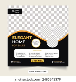 Modern home for sell social media post. real state home with facebook and instagram post or web banner template design. modern home with black and yellow color. eligant home for sales.
