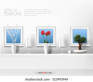 modern home shelf with tulips, dry white branch ikebana and bonsai tree. High quality editable vector illustration