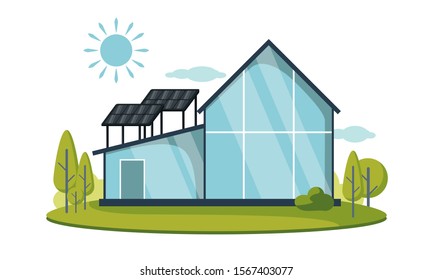 modern home with solar energy panel vector illustration