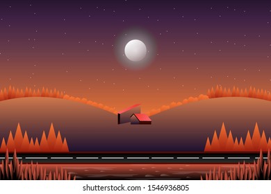 Modern home with starry night and full moon landscape illustration