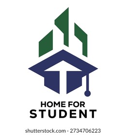 Modern home for student logo vector combining a house icon with a stylized student silhouette (graduation cap or figure), representing safe housing, education, and comfortable living for students, isolated on white background.
