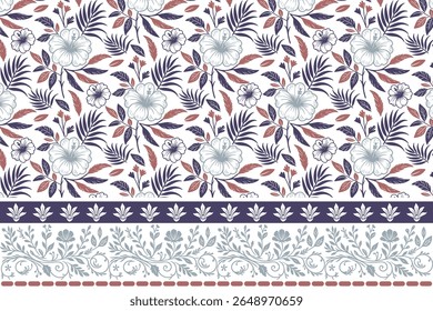 modern home textile design using line floral seamless pattern with border including one line flower sketches and minimalist outline style for pillow and curtain fabric

