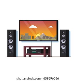 Modern home theatre system or high end stereo setup with big wall tv screen, standing tower speakers, stand cabinet and blue ray player. Flat style vector illustration isolated on white background.