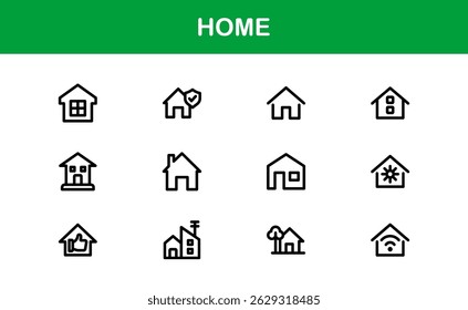Modern Home Theme Icon Set. Clean Line Art für Haushalts- und Eigentumsschnittstellen