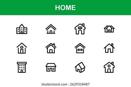 Modern Home Theme Icon Set. Clean Line Art for Household and Property Interfaces
