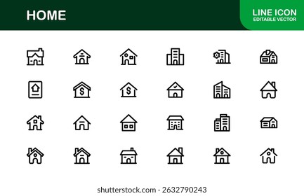 Modern Home Theme Icon Set. Clean Line Art for Household and Property Interfaces