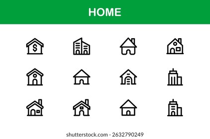 Modern Home Theme Icon Set. Clean Line Art für Haushalts- und Eigentumsschnittstellen
