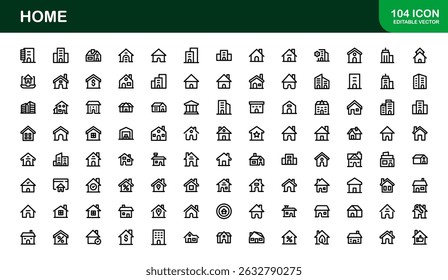 Modern Home Theme Icon Set. Clean Line Art für Haushalts- und Eigentumsschnittstellen
