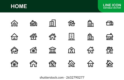 Modern Home Theme Icon Set. Clean Line Art for Household and Property Interfaces