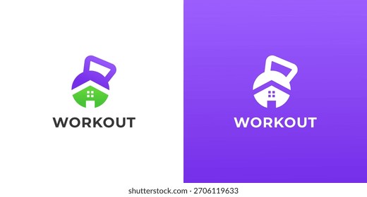 Diseño moderno de logotipo de entrenamiento en el hogar con una campana de agua integrada con un ícono de la casa, perfecto para App de fitness, entrenamiento personal y marca de gimnasio. Disponible en fondos degradados blancos y morados.