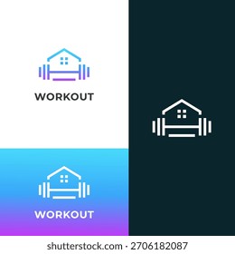 Design moderno logotipo de treino em casa com um ícone de casa combinado com um haltere, apresentado em um gradiente vibrante e uma versão branca limpa. Ideal para aplicativos de fitness, treinamento pessoal e sutiã...