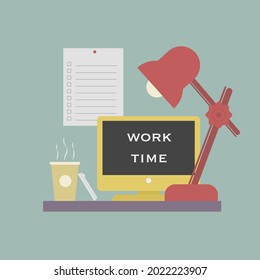 Modern home workplace with computer, lamp, coffee and check list.