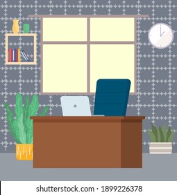 Modern home workplace flat. Office chair and office desk with stack of books in cozy room interior. Furniture and equipment for workplace of employee or home office worker, vector interior workspace