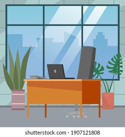 Modern home workplace flat. Office chair and office desk with stack of books in cozy room interior. Furniture and equipment for workplace of employee or home office worker, vector interior workspace