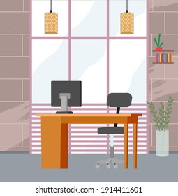 Lugar de trabajo doméstico moderno. Sillón de oficina y escritorio con pilas de libros en el acogedor interior de la habitación. Mobiliario y equipo para el lugar de trabajo del empleado o del empleado de la oficina doméstica, espacio de trabajo interior vectorial
