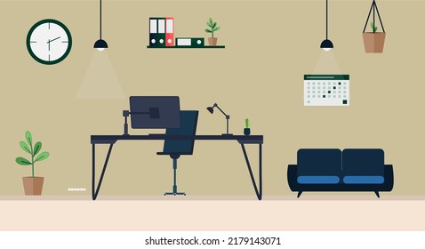 Moderner Wohnort Wohnung. Bürostuhl und Büroschreibtisch mit Bücherstapel in gemütlicher Inneneinrichtung. Möbel und Ausrüstung für den Arbeitsplatz von Angestellten oder Hausangestellten, Vektorraum