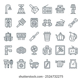 modern homeware icon pack. perfect for linear ui designs featuring vector mirror, towel rack, chopping board, bathtub, tool box and more icons.