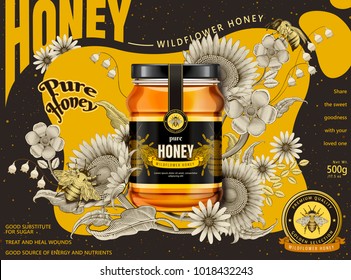 Modern honey ads, glass jar in 3d illustration isolated on retro flowers elements in etching shading style, yellow and dark brown tone