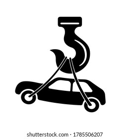 Modern hook crane icon. Road sign of tow truck. Car hanging on a hook. Black sketch.