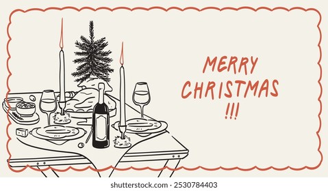 Cartel horizontal moderno del cartel con la línea mínima de la tinta comida y bebidas. Conjunto de dibujos de crayón de tiza de mesa de cena de Navidad. Ilustraciones vectoriales para la decoración de la pared de la celebración del año nuevo o la invitación del año nuevo