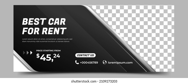 Modern horizontal banner design template for car rental and automotive. Black background with place for the photo. Usable for banner, cover, header, and background.