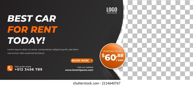 Modern horizontal banner design template for car rental. Black background with place for the photo. Usable for banner, cover, header, and background.