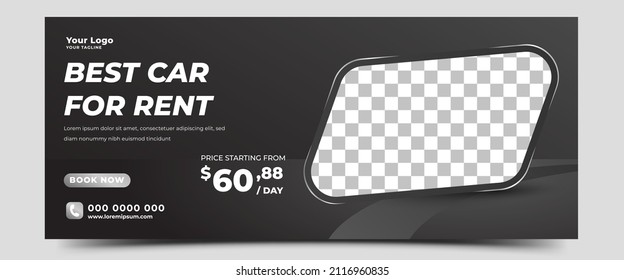 Modelo de diseño de banner horizontal moderno para promoción de alquiler de coches. Fondo negro con lugar para la foto. Usable para banner, portada y fondo.