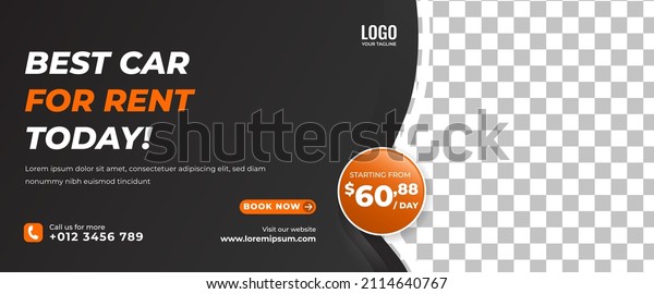 Modern horizontal banner design template for\
car rental. Black background with place for the photo. Usable for\
banner, cover, header, and\
background.