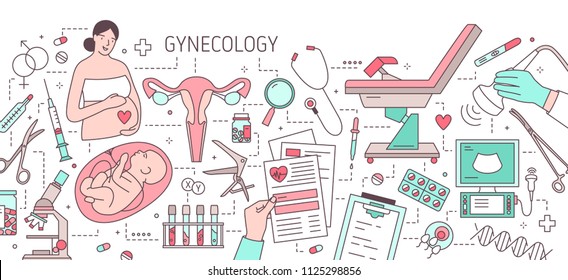 Modern horizontal banner with pregnant woman, fetus in womb, uterus, gynecological examination chair and medical equipment. Gynecology and obstetrics. Colorful vector illustration in line art style.