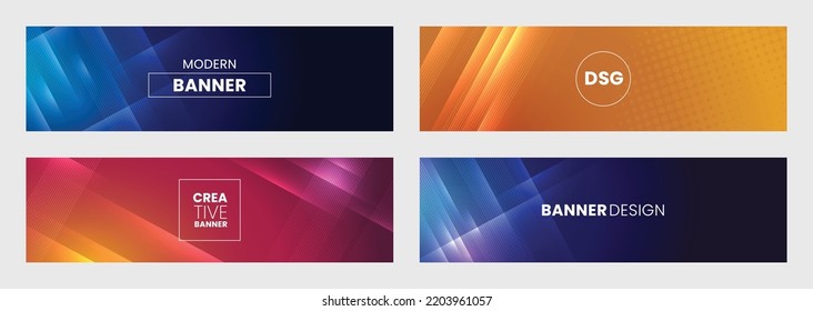 Moderno juego de banners horizontales, diseño de plantilla de fondo para Internet. Diseño de fondo geométrico colorido para portada de redes sociales, banner web, banner promocional y afiche en ilustración vectorial.