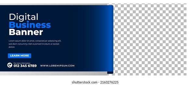 Modern horizontal banner template design. Editable business banner template with dark blue background color shape and place for the photo.