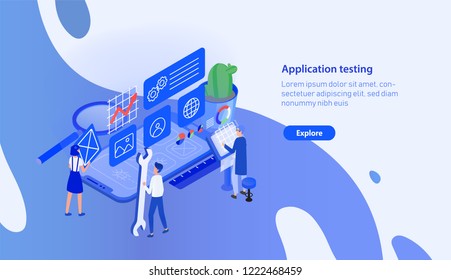 Modern horizontal banner template with giant smartphone and tiny people working around. Mobile application testing, finding errors in software, quality check. Colorful isometric vector illustration.