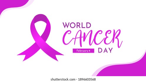 Modern Horizontal banner World Cancer Day Vector Illustration with color and ribbon purple. Landscape Poster for web, social media or print.